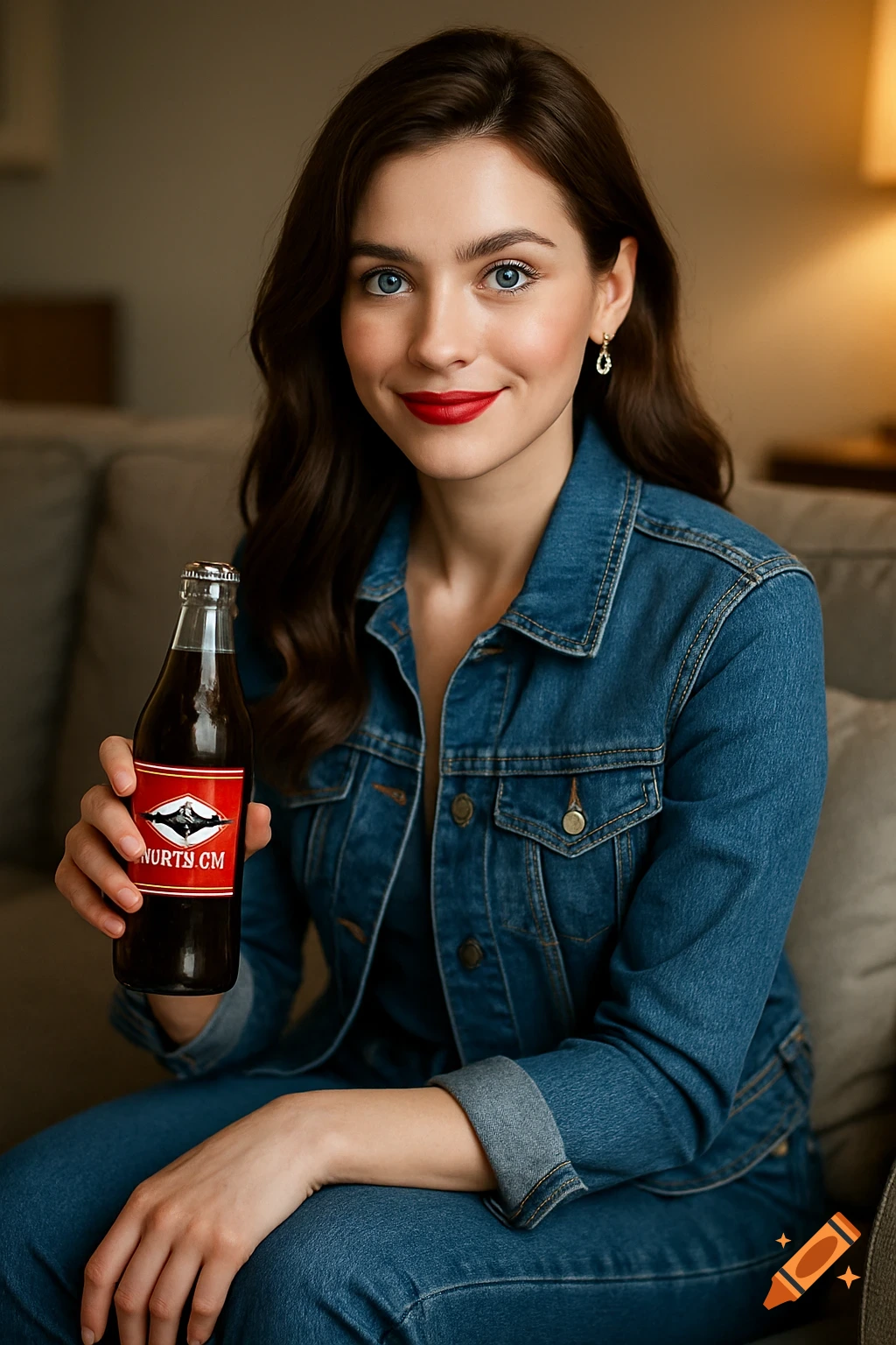 Hyperrealistic portrait of a woman with brown hair, blue eyes, and red lipstick, wearing denim, sitting on a sofa and holding a soda bottle.