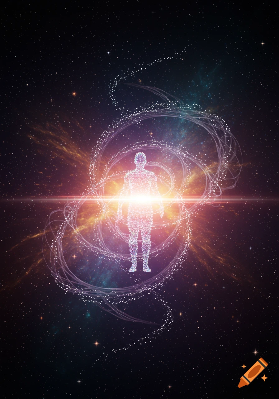 A glowing, ethereal human figure made of particles stands in a vibrant cosmic background with swirling light and stars.