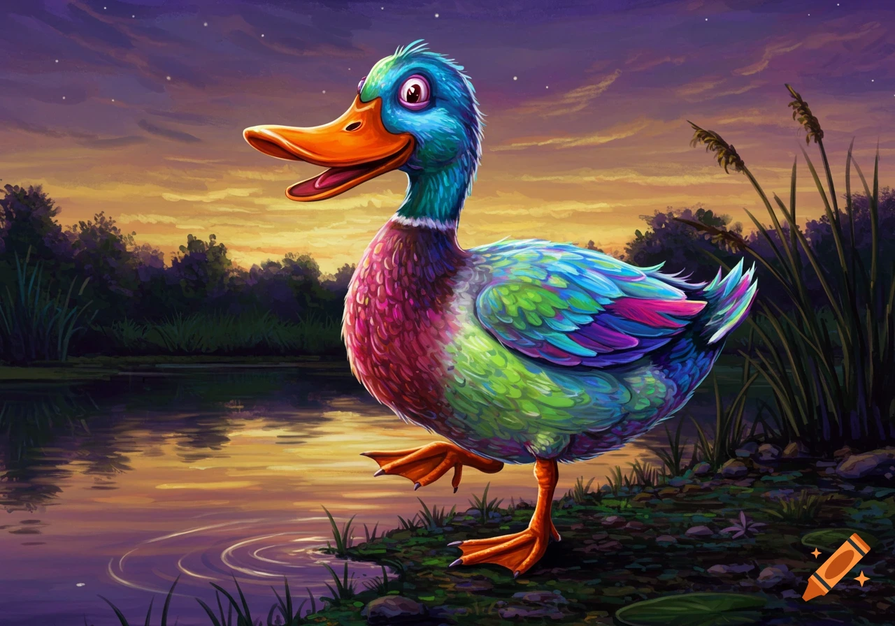 A brightly colored, cartoonish duck with blue, green, pink, and purple feathers stands by a pond at sunset, in an illustrative style.