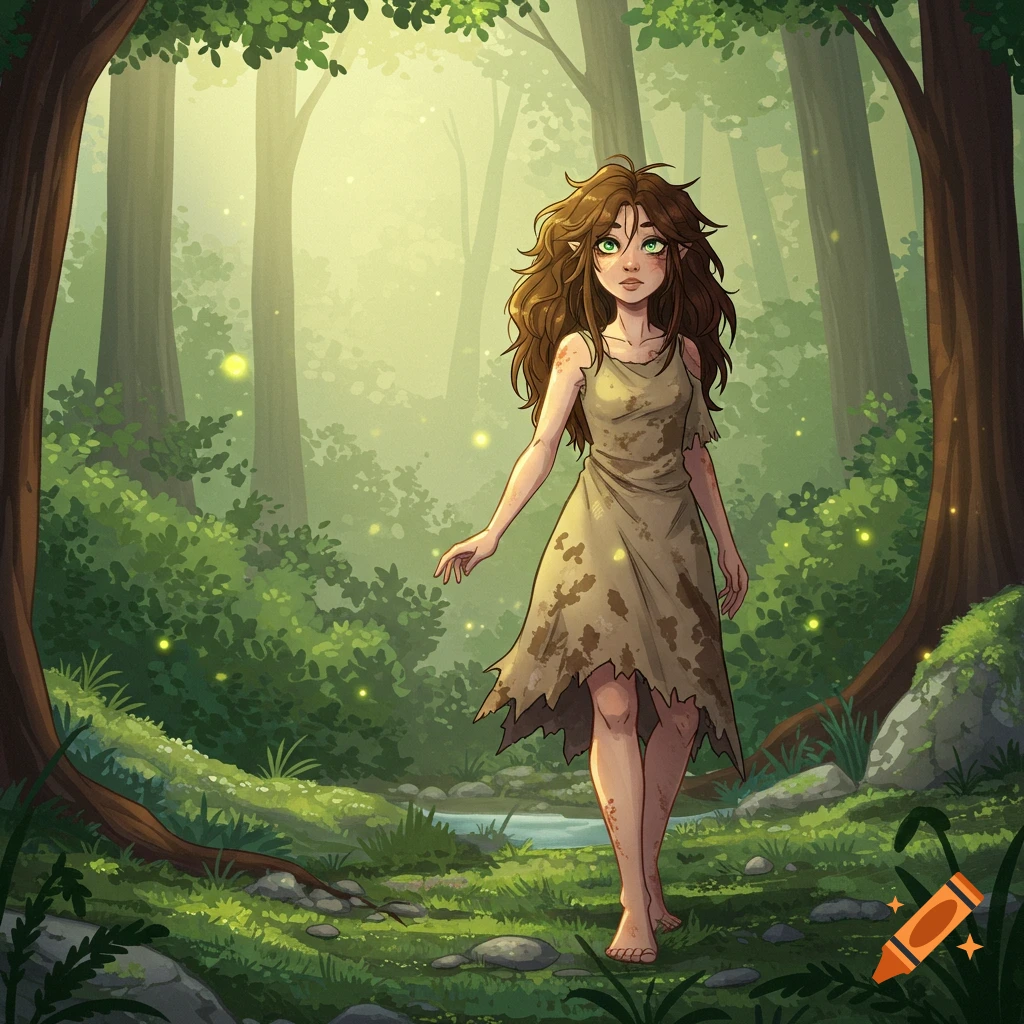 Animated woman with brown hair, green eyes, and elven ears, wearing a tattered dress, walks barefoot through a magical forest with glowing fireflies.