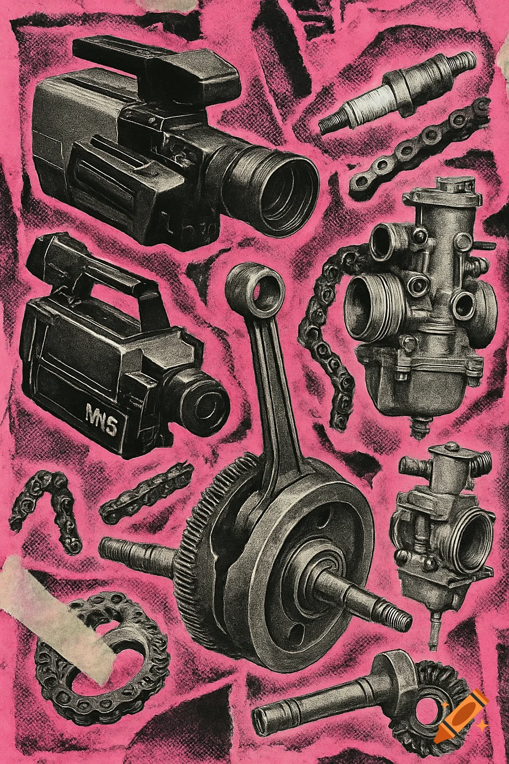 A chaotic punk zine collage featuring vintage VHS camcorders and motorcycle engine parts on a torn, textured pink background.