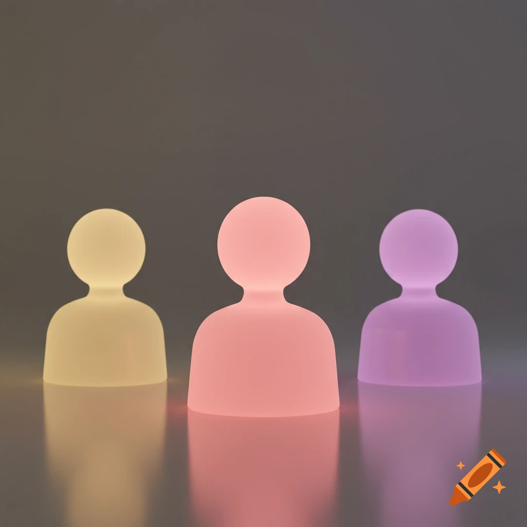 Three glowing, abstract person-shaped avatars in yellow, pink, and purple against a dark background with reflections.