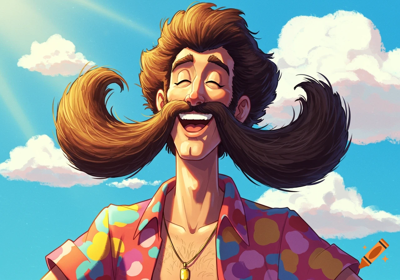 Animated portrait of a cheerful man with a huge, styled mustache, laughing with closed eyes under a sunny blue sky.