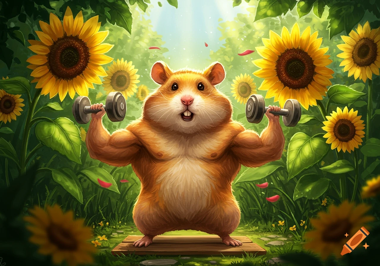 A muscular, anthropomorphic hamster with a wide smile lifts dumbbells amidst a vibrant field of sunflowers.