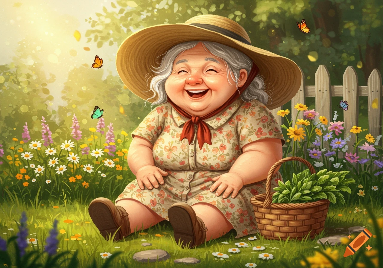 A joyful old woman with a straw hat and grey hair sits in a sunny garden filled with flowers and butterflies, holding a basket of greens. Illustration style.