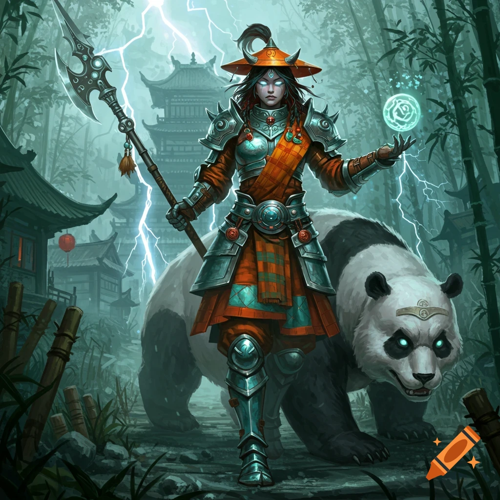 Armored female warrior with glowing eyes, spear, and orb, stands with a giant panda in a lightning-stormed Chinese bamboo forest.
