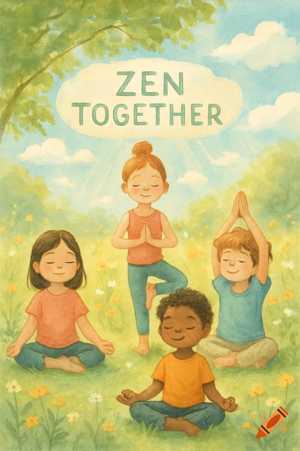 Watercolor illustration of four diverse children meditating and doing yoga in a sunny field. Text 'ZEN TOGETHER' in a cloud.