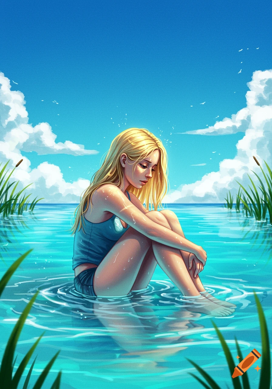 Blonde woman in blue tank top and shorts sitting in blue water, surrounded by reeds, under a bright blue sky, digital art.