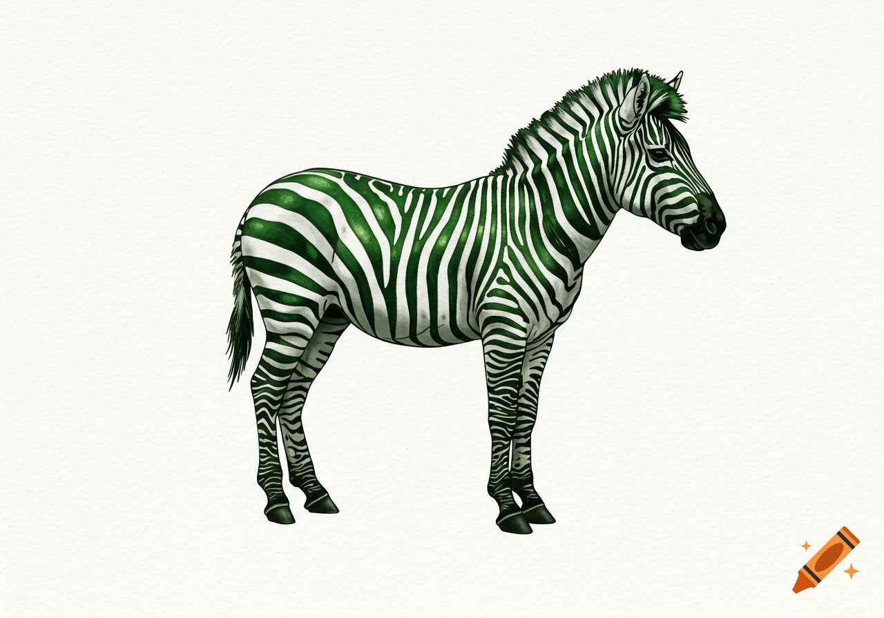 An illustration of a green and white striped zebra, styled like a tattoo stencil on a plain white background.
