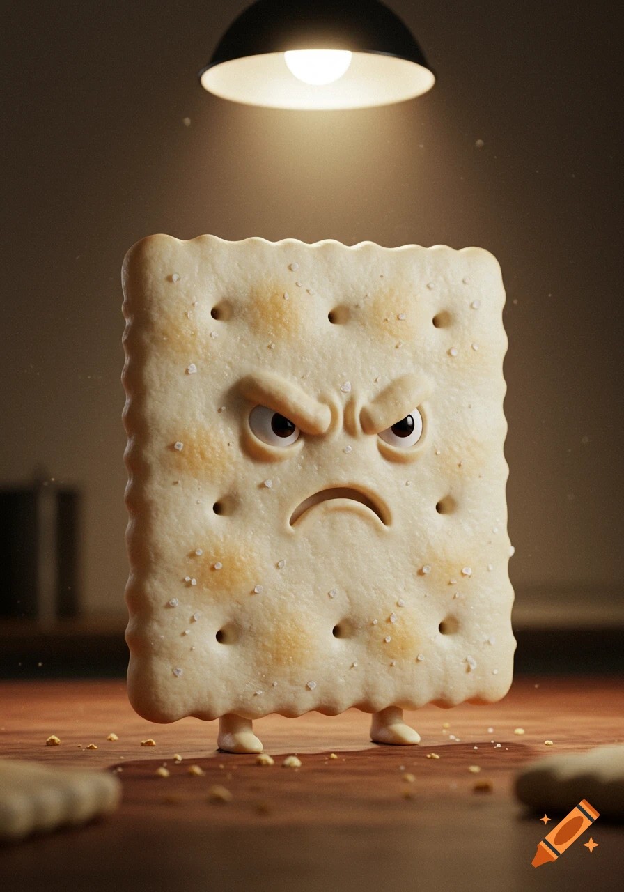 An anthropomorphic saltine cracker with an angry face and tiny feet stands under a bright lamp, looking upset.