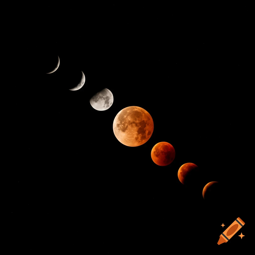 A progression of lunar eclipse phases, showing the moon from crescent to full red 'blood moon' against a dark sky.