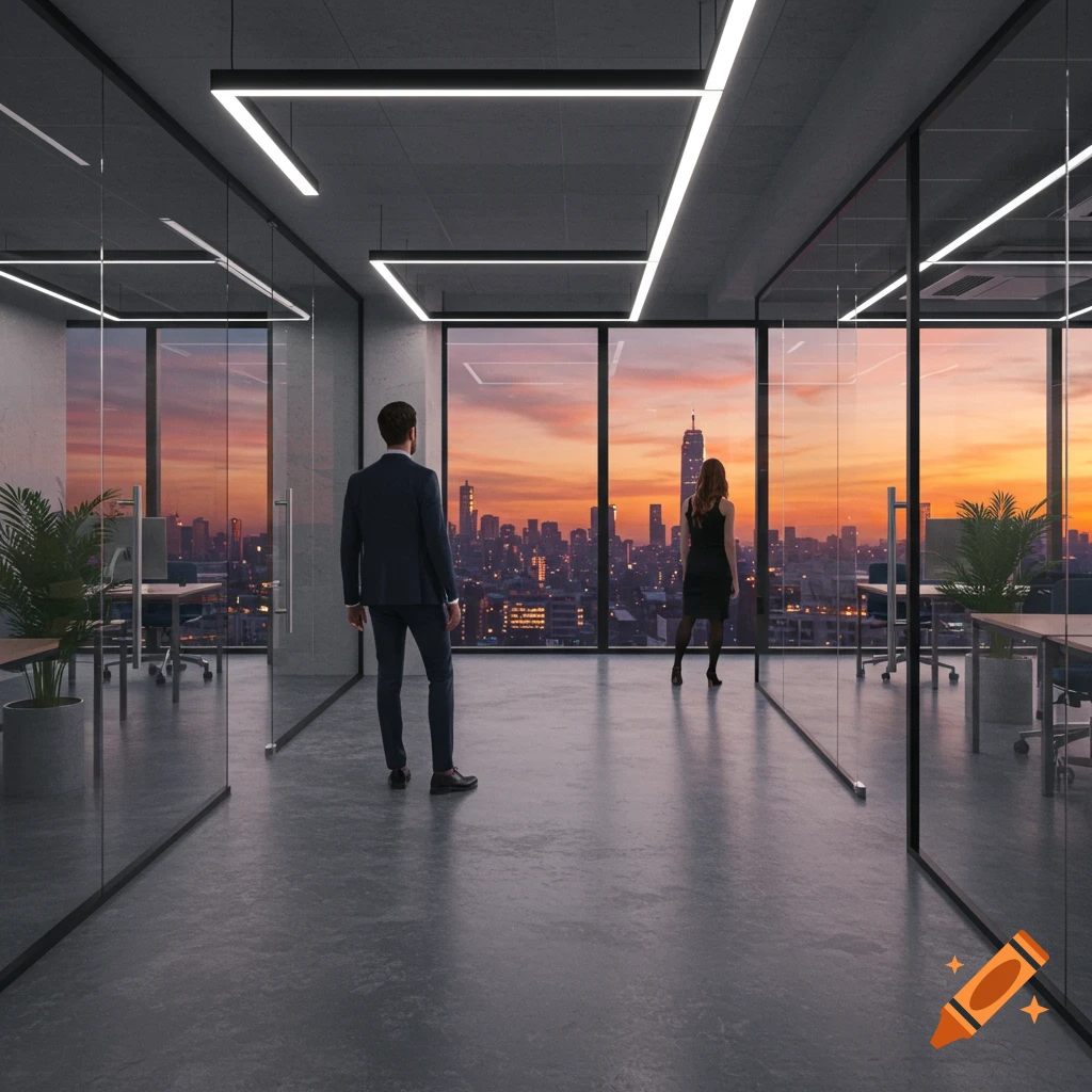 Two business people in a modern office with glass walls, looking out at a city skyline during sunset.