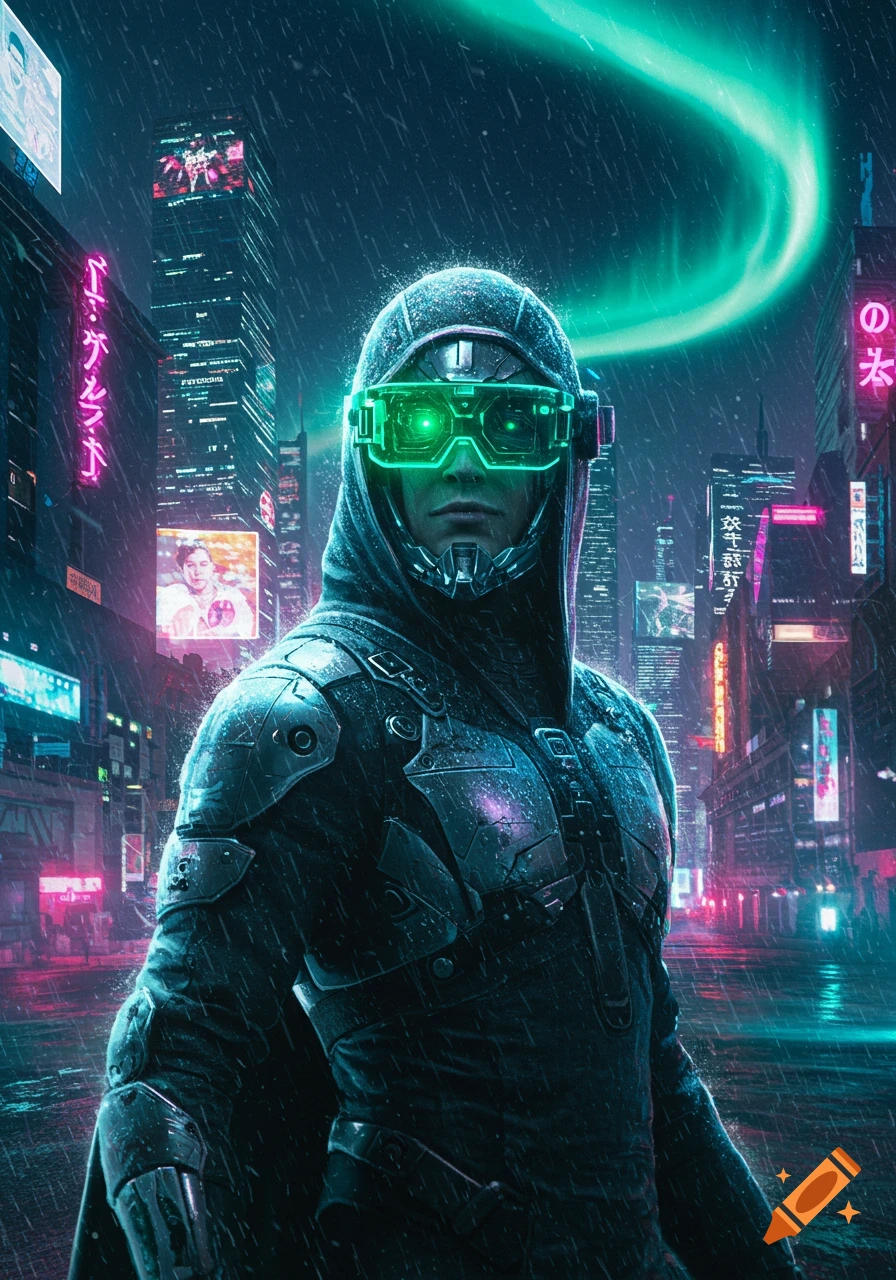 A person in a black hooded outfit and glowing green VR goggles stands in a rain-soaked cyberpunk city street, illuminated by neon lights.