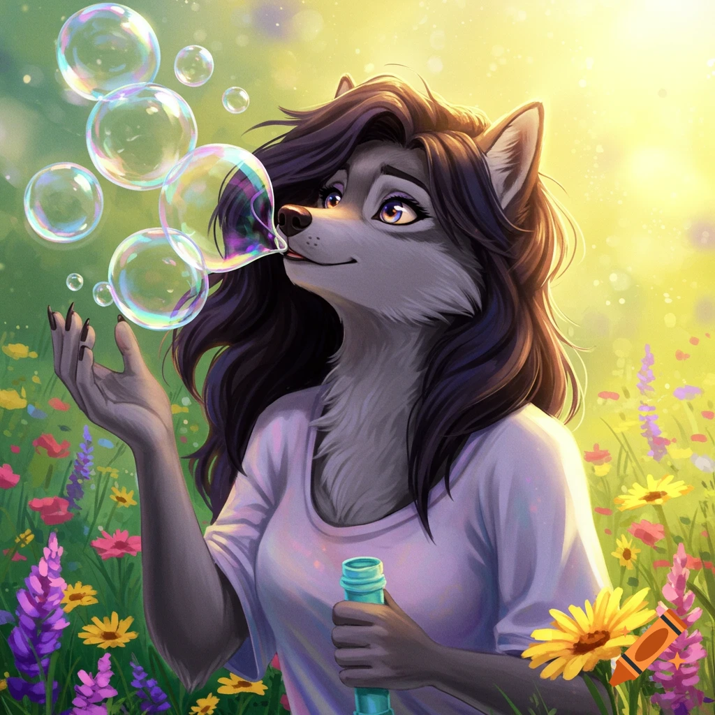 Illustrated anthropomorphic wolf woman with dark hair blowing colorful bubbles in a sunny flower field.