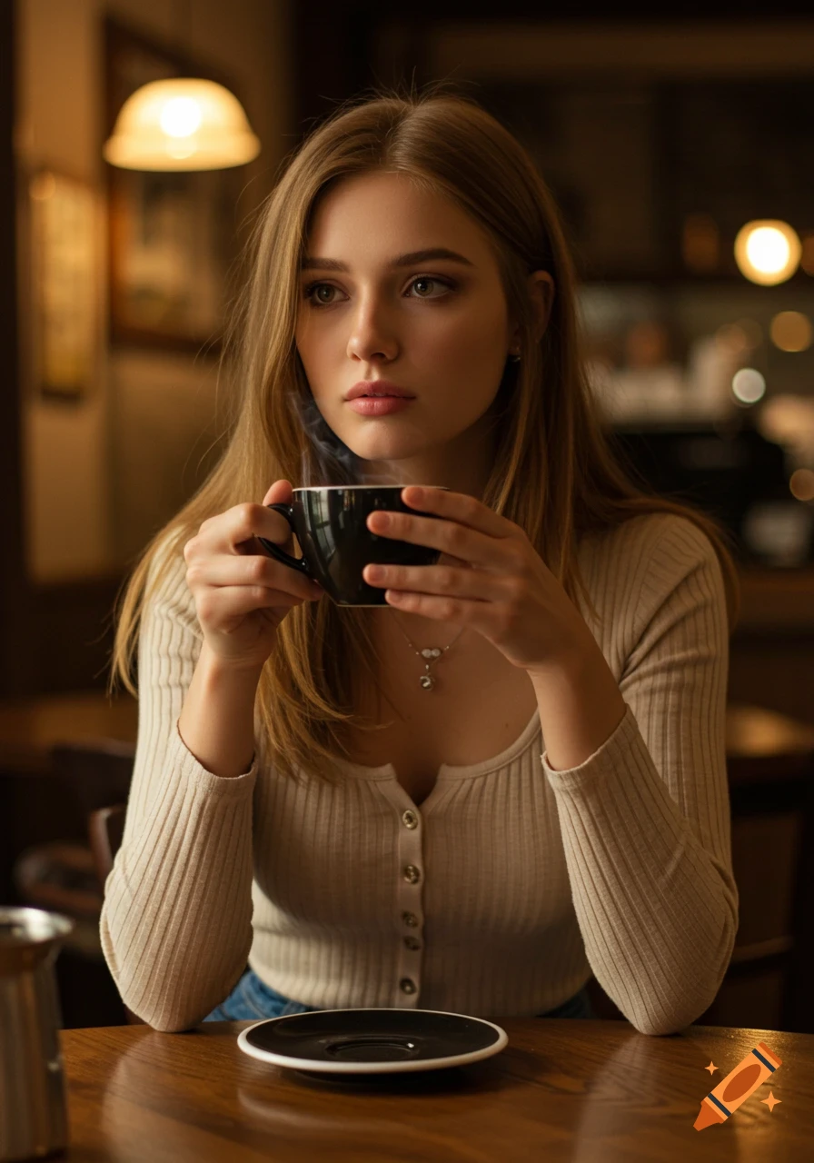 A beautiful young woman with long blonde hair holds a steaming coffee cup, looking thoughtfully in a warm, cozy cafe.
