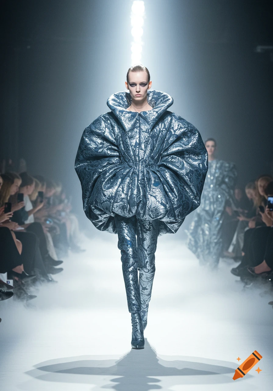 Model in a voluminous metallic silver and blue avant-garde outfit on a smoky fashion runway under a bright spotlight.