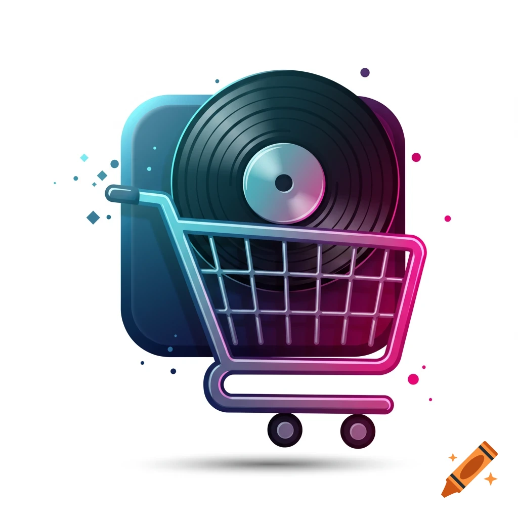 A stylized icon featuring a shopping cart holding a vinyl record, set against a vibrant gradient background.