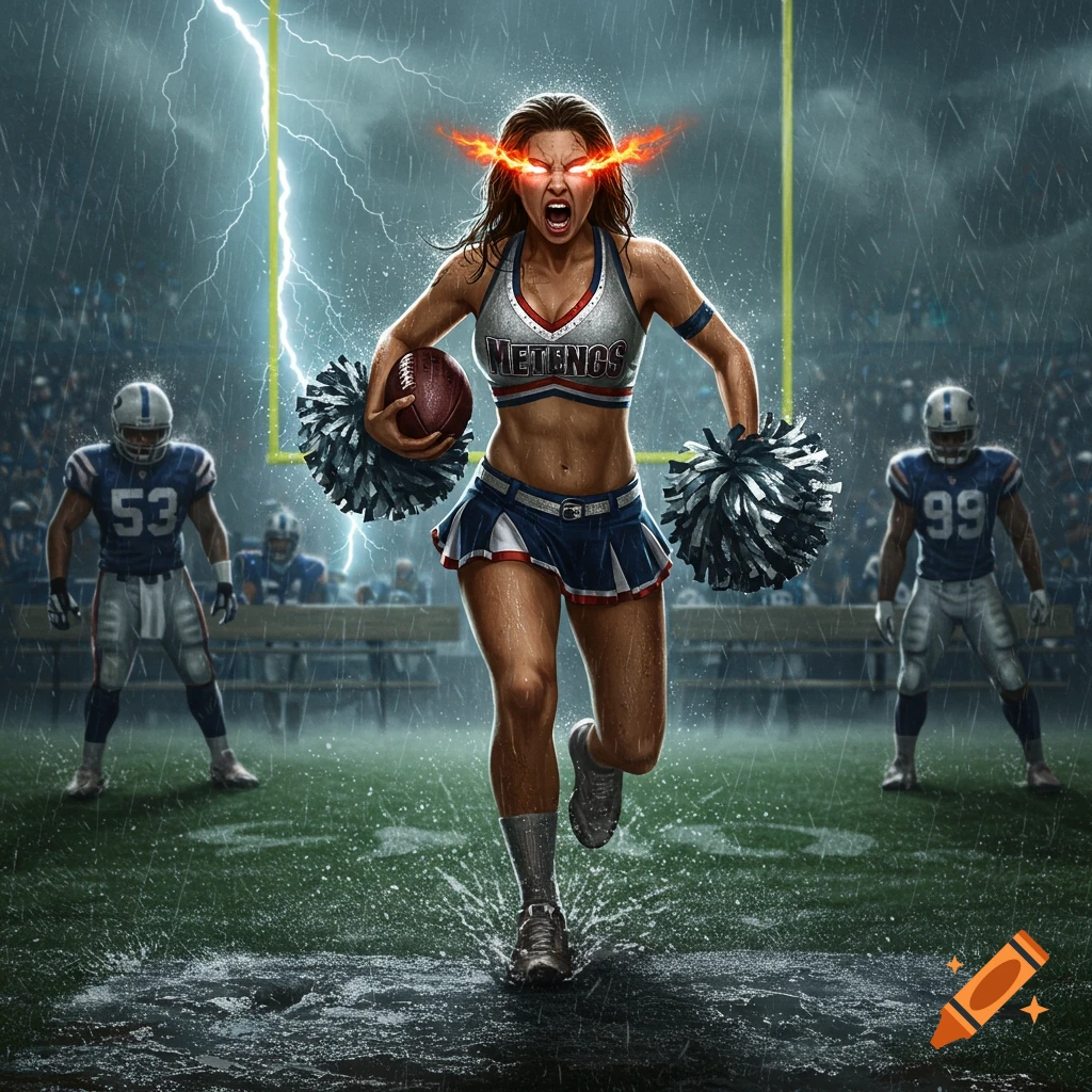 An intense cheerleader with blazing eyes runs with a football and pom-poms on a rainy field during a lightning storm. Illustrated.