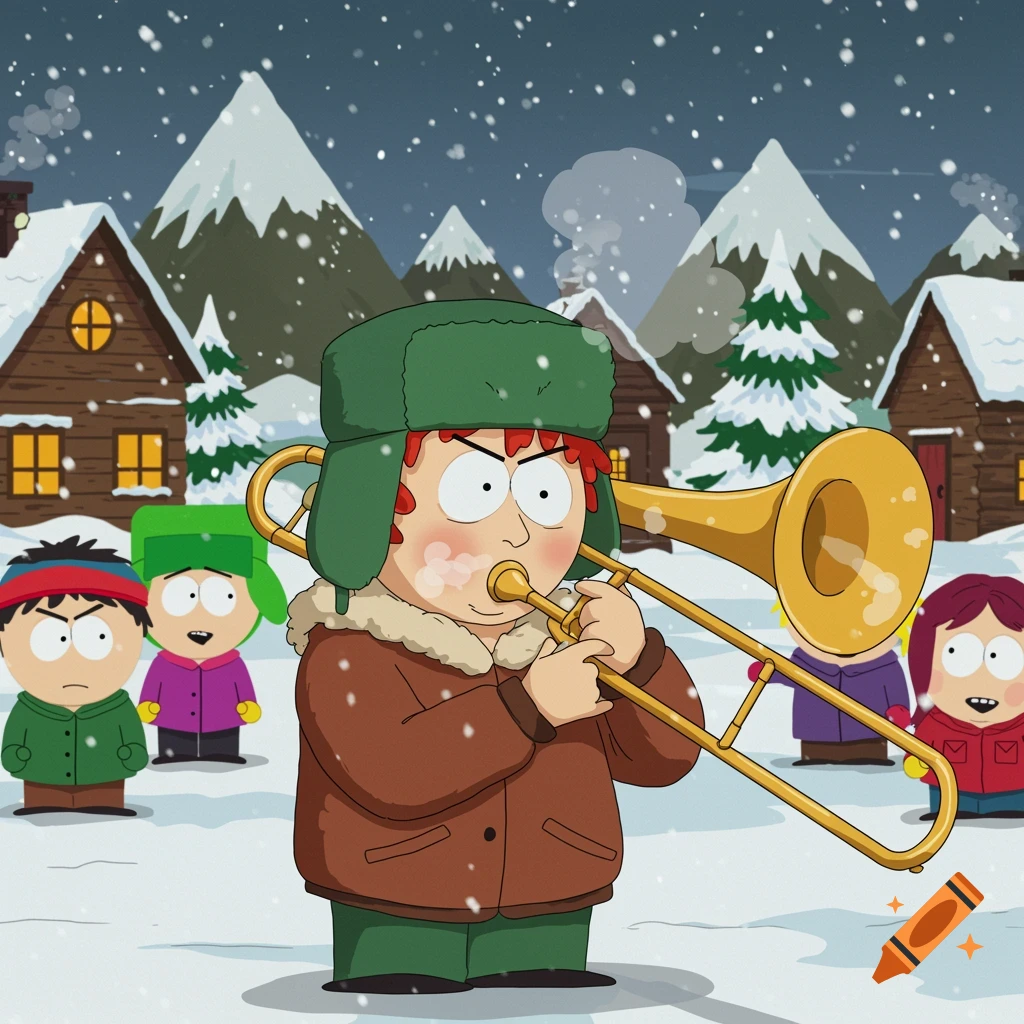 A South Park-style character, resembling Kyle, plays a trombone in a snowy mountain village as other characters watch.