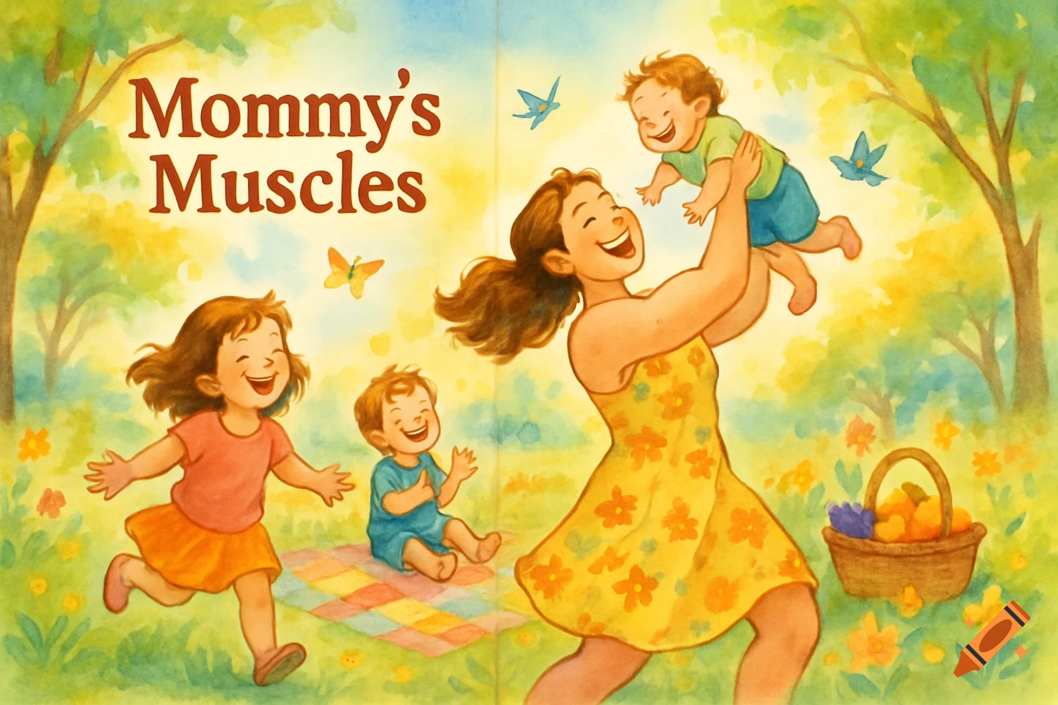 Watercolor illustration of a mother lifting a baby while an older child runs in a sunny park with text 'Mommy's Muscles'.
