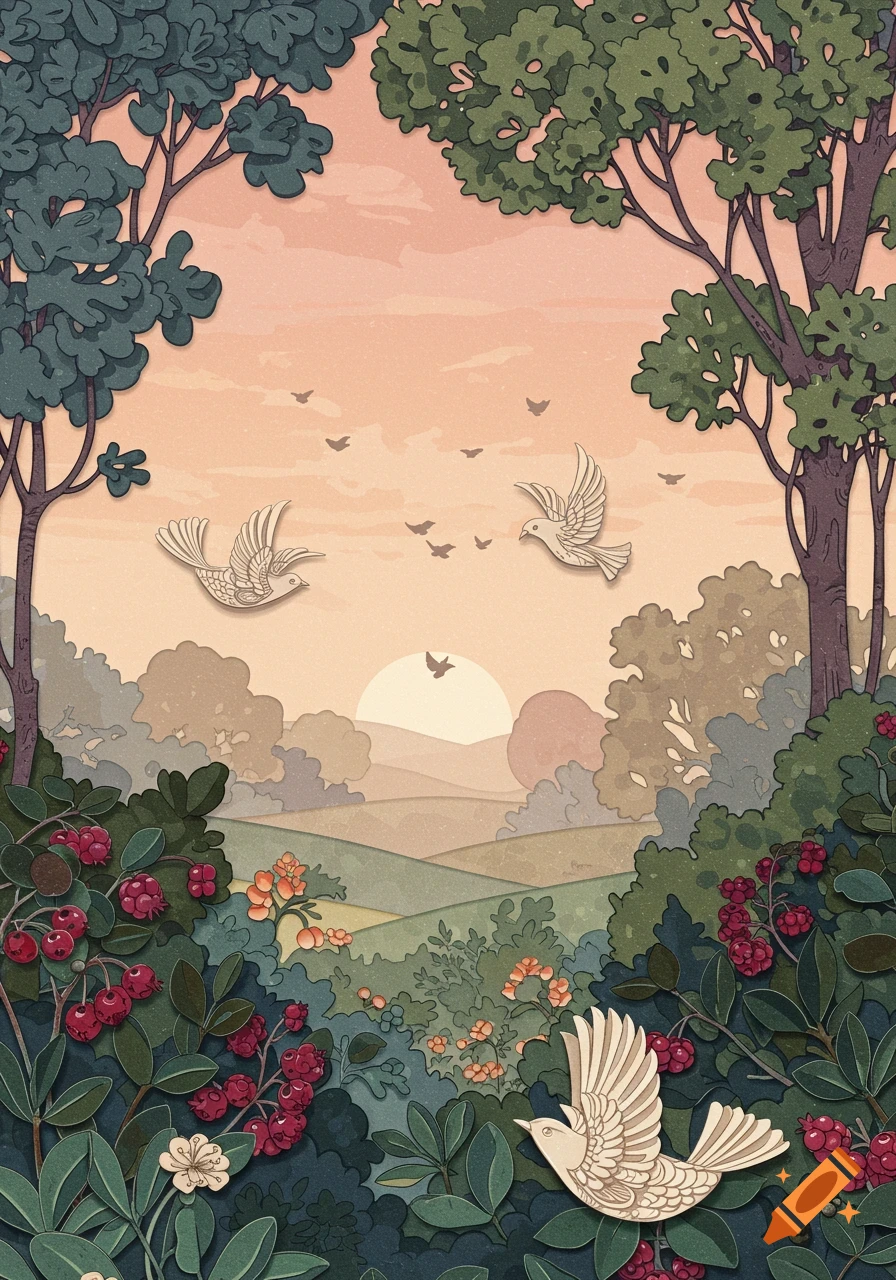 Abstract color woodcut landscape at sunrise with paper-cut style birds, trees, and berry bushes.