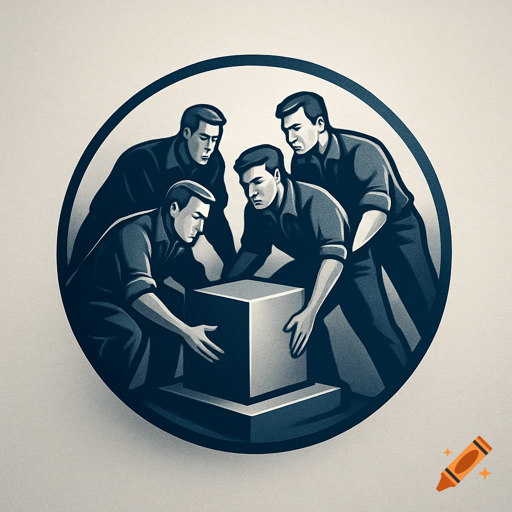 A circular logo illustration depicting four men in work uniforms collaboratively moving a large cube, representing a cornerstone.