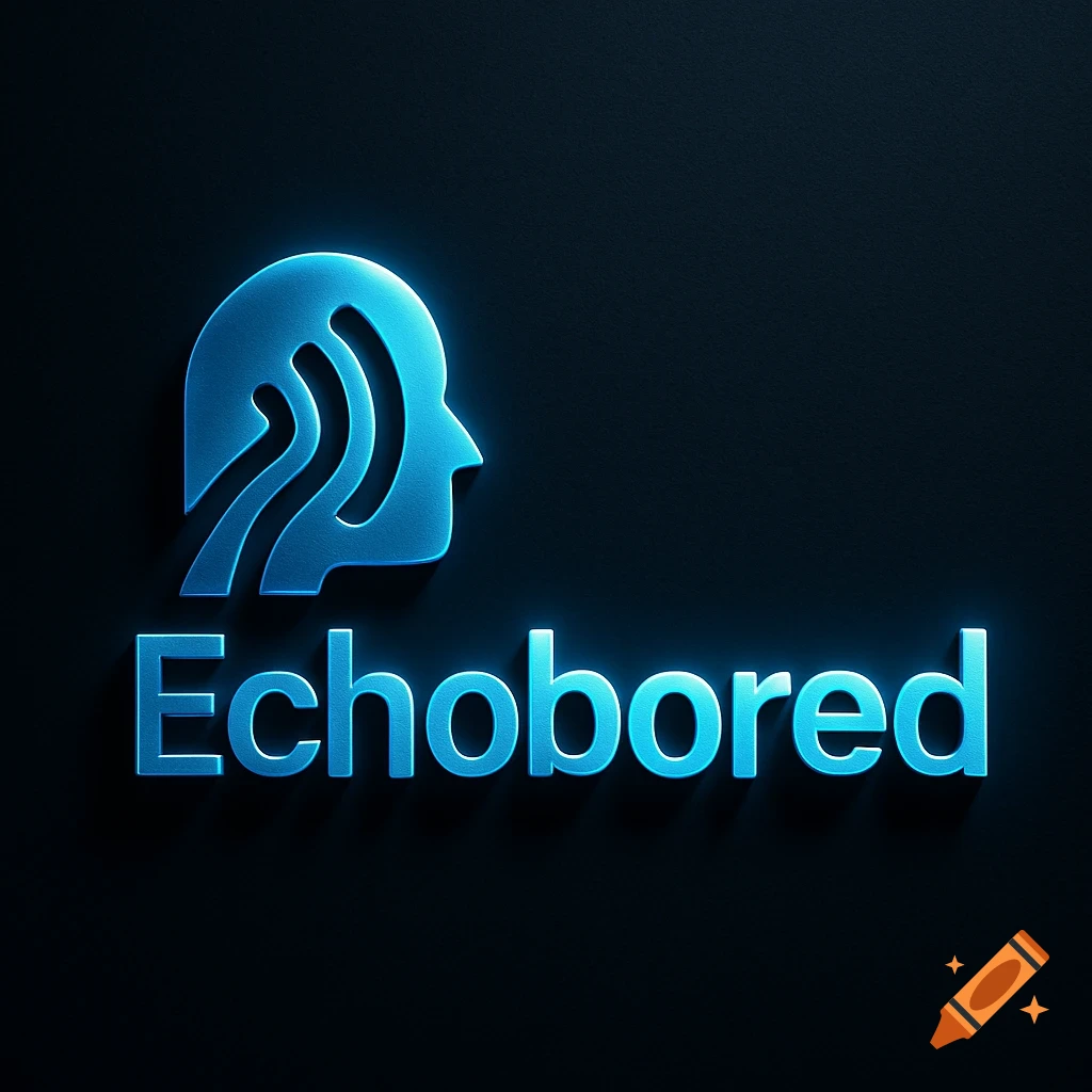 Blue glowing 'Echobored' logo featuring a stylized head profile with sound waves on a dark background.