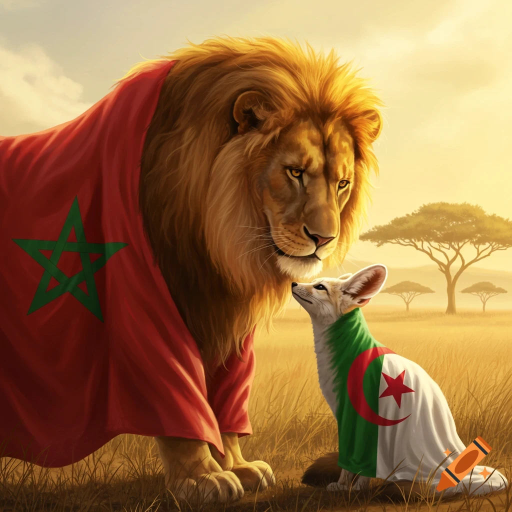 A lion draped in a Moroccan flag looks at a fennec fox in an Algerian flag in a savanna.