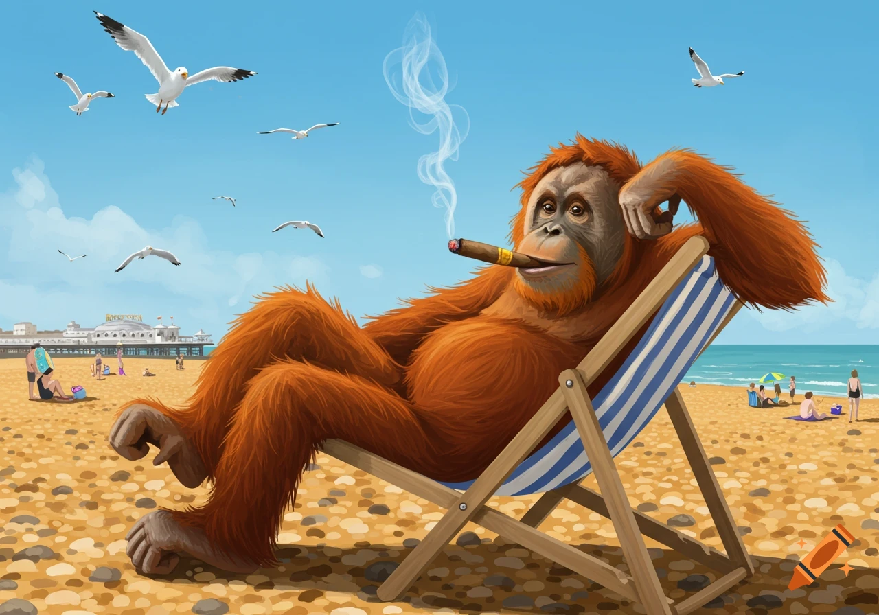 A cartoon orangutan smokes a cigar and relaxes in a striped deckchair on a sunny beach, with a pier and seagulls in the background.