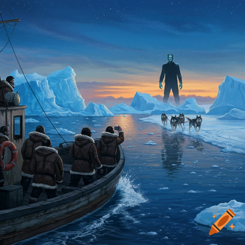 Arctic painting of men in a boat observing a giant Frankenstein monster pulled by huskies on an icy path at dawn.