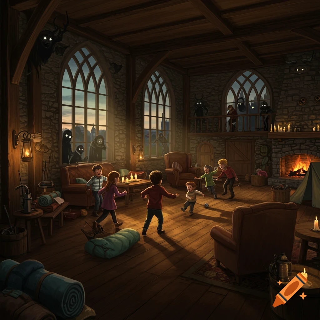 Children play inside a rustic inn as shadowy figures with glowing eyes lurk outside the windows and in dark corners.