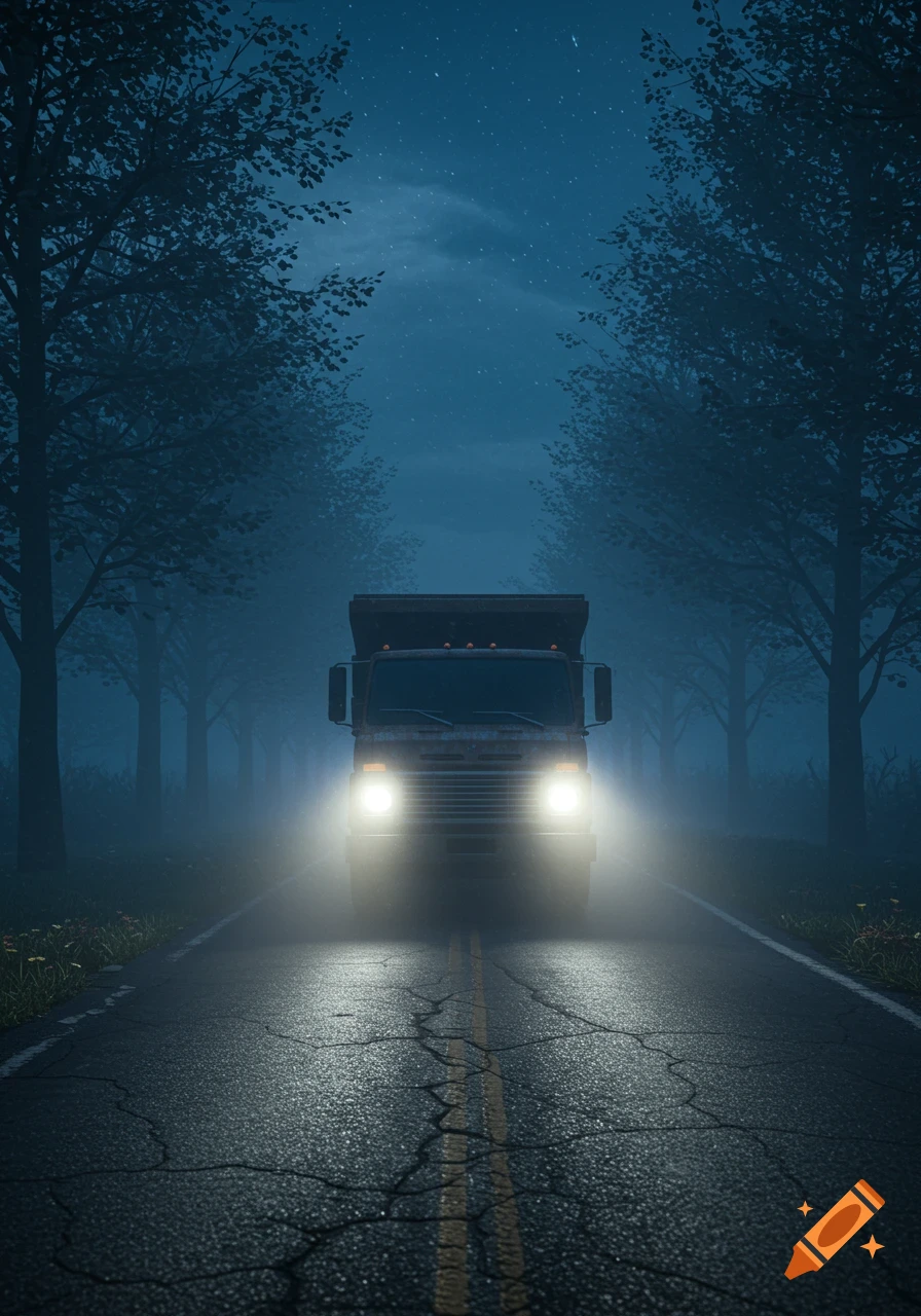 A creepy old dump truck with bright headlights drives down a foggy, cracked road lined with dark trees under a star-filled night sky.