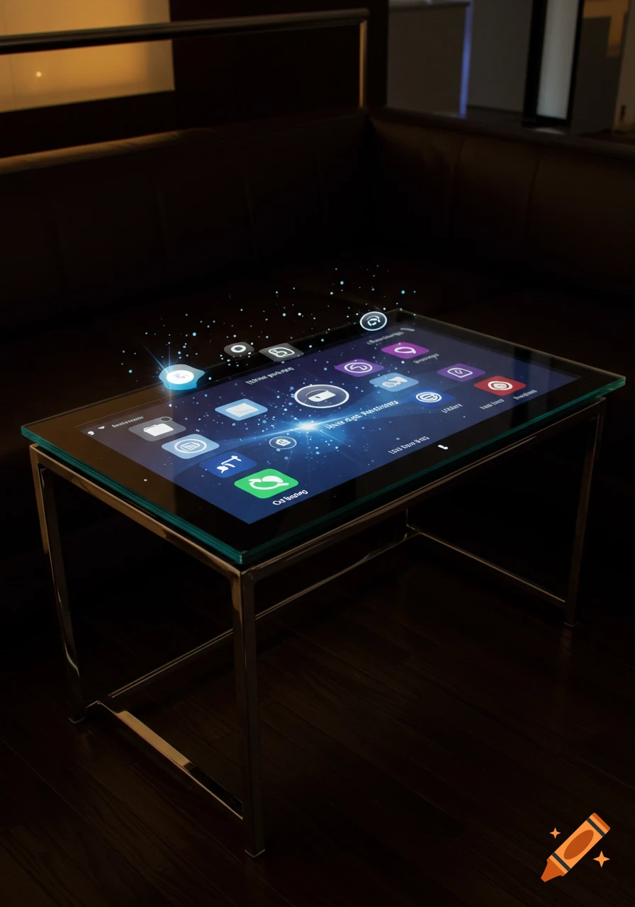 A modern glass coffee table with an illuminated touchscreen interface displaying app icons in a dim room.