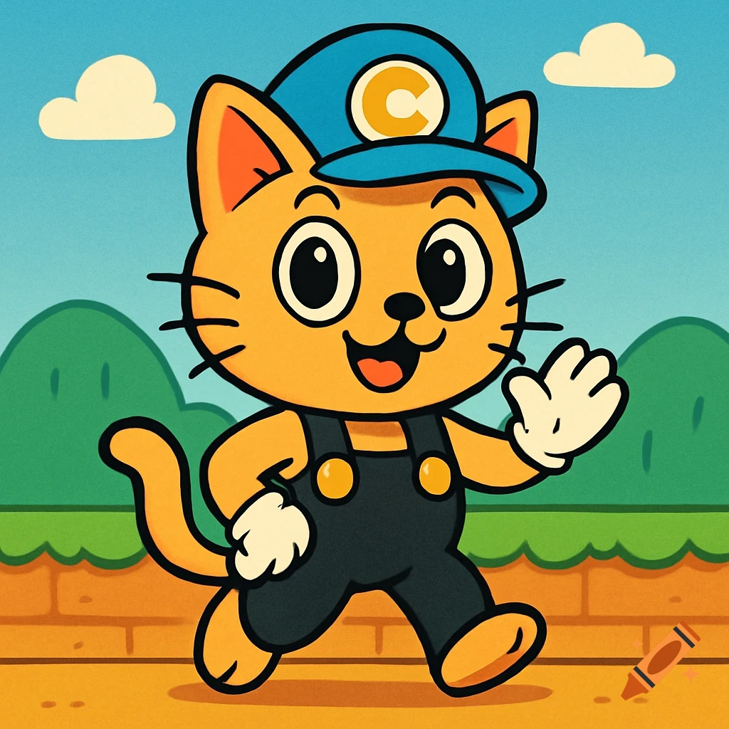 A cartoon orange cat, wearing a blue cap with a 'C' and black overalls, walks in a Super Mario-style landscape.