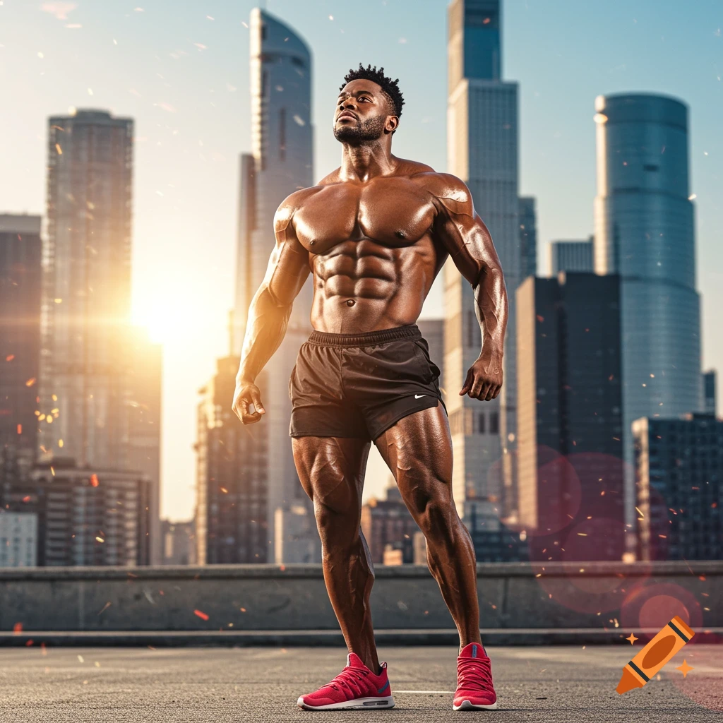 A muscular bodybuilder in black shorts and red shoes poses on a city rooftop with a sunset skyline in the background, looking up.