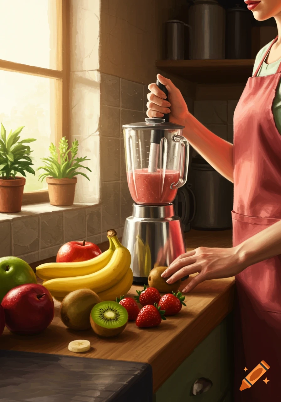 A person in a kitchen blending fruits for a smoothie, with apples, bananas, kiwis, and strawberries on the counter, in an illustrative style.