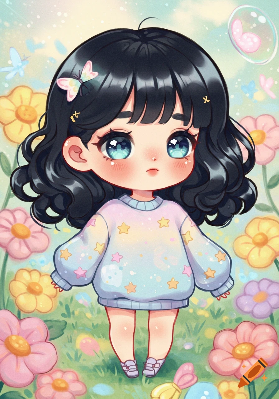 Kawaii chibi girl with black hair, blue eyes, wearing a starry sweater, standing among pastel flowers and butterflies.