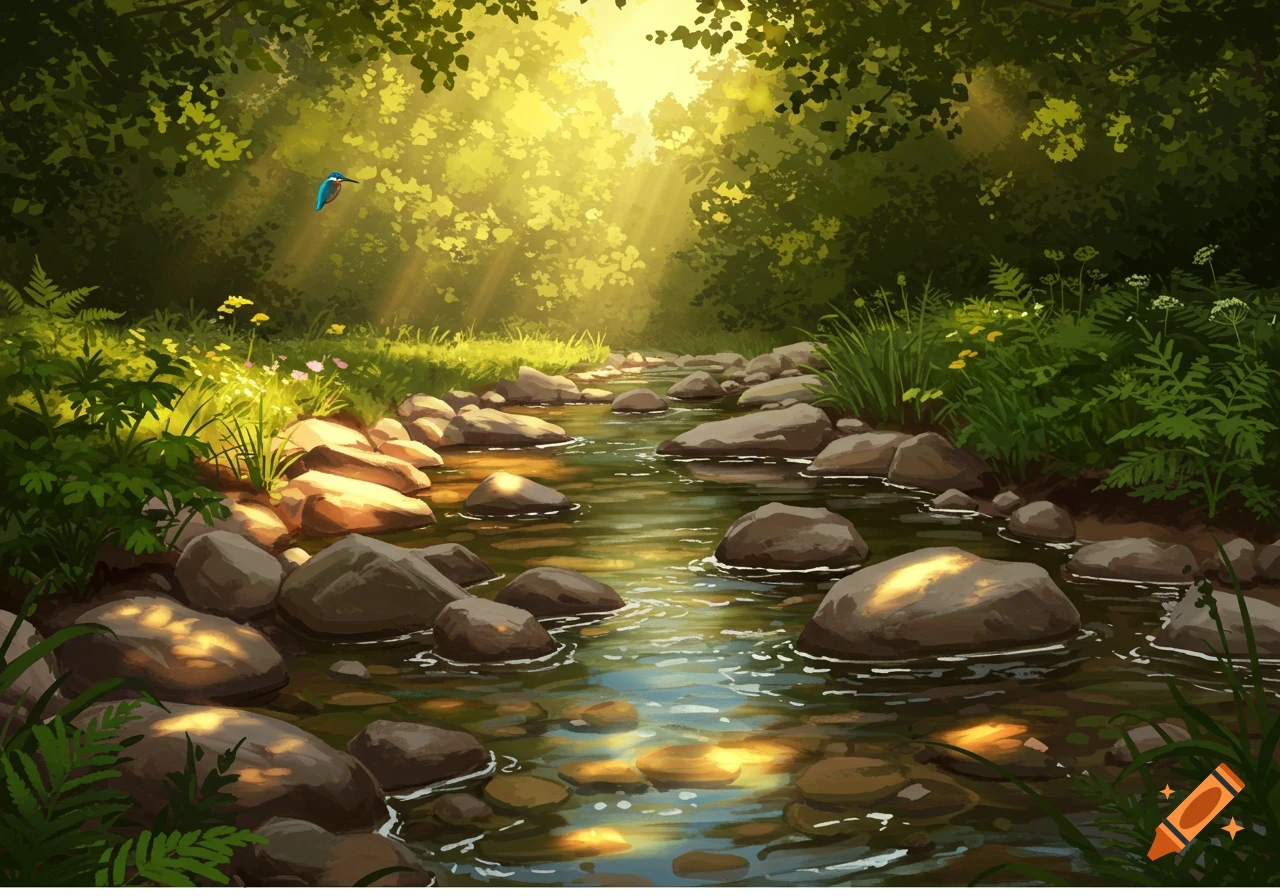 A kingfisher flies over a sunlit, rocky river in a lush green forest, rendered in a painterly style.