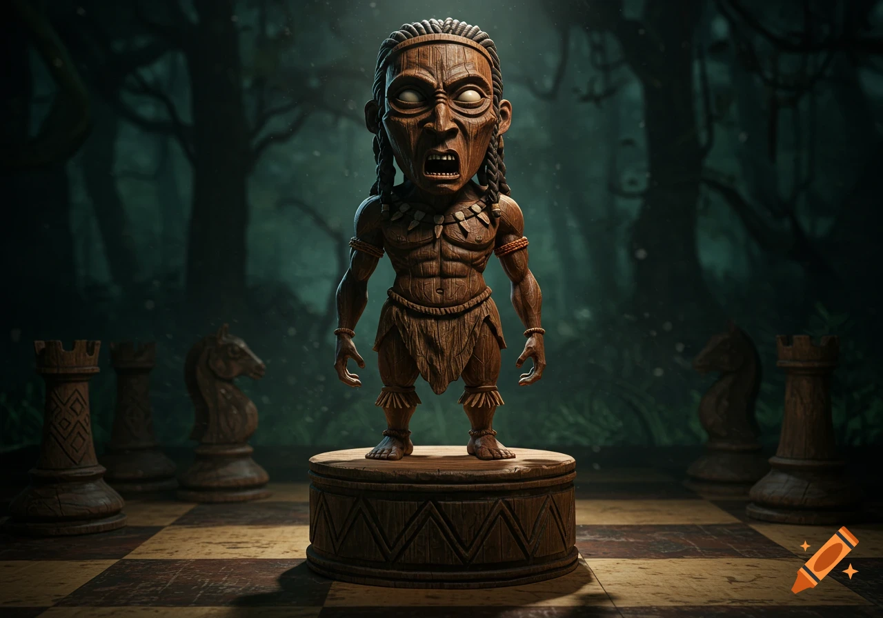A dark wooden, caricatured Zulu warrior totem stands as a chess piece on a chessboard in a mysterious forest.