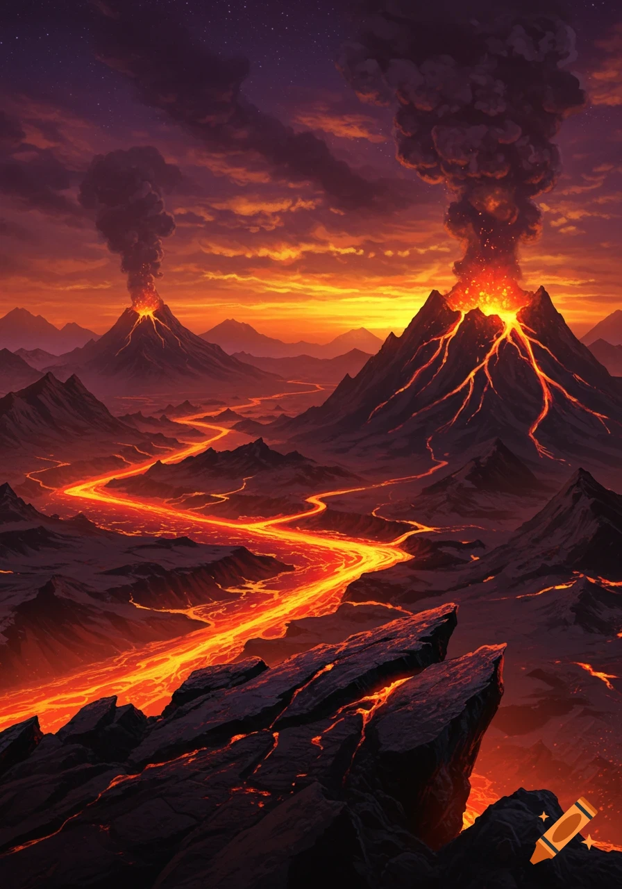 A dramatic volcanic landscape with two erupting volcanoes and glowing lava rivers flowing through dark mountains under a fiery, star-filled sky.
