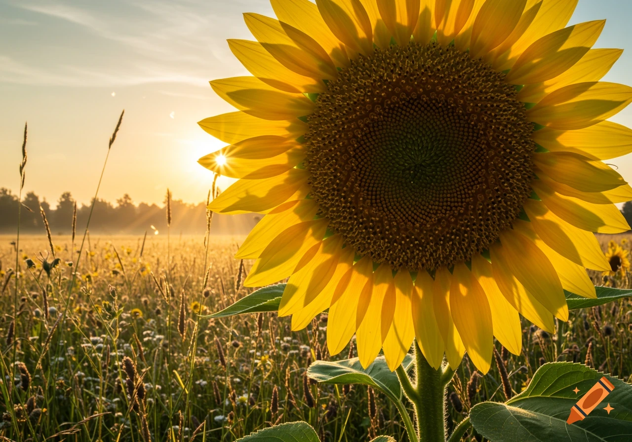 A large, vibrant yellow sunflower dominates the foreground, silhouetted against a golden sunset in a hazy field.