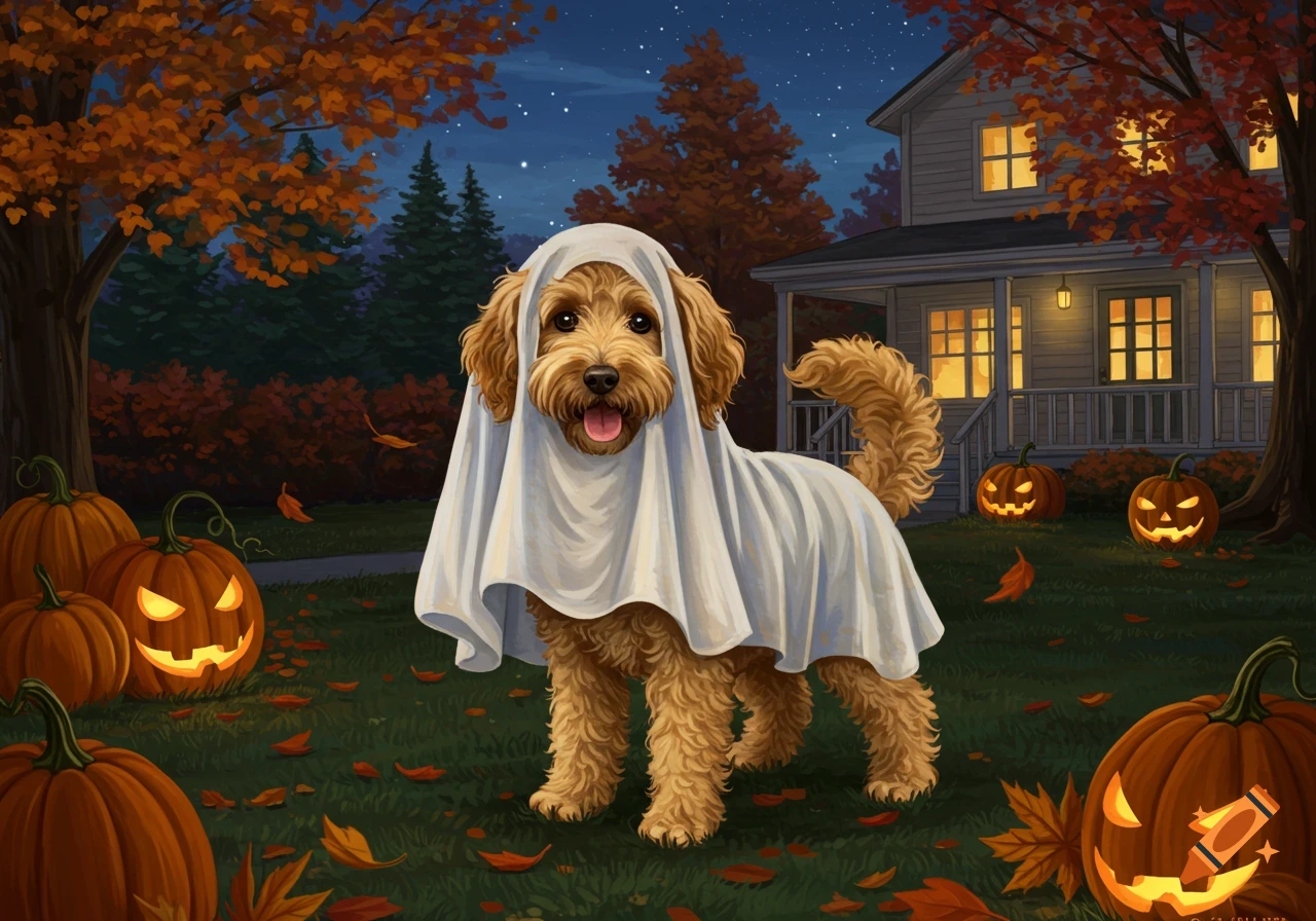A cute goldendoodle dog in a white ghost costume stands in a yard at night, surrounded by glowing jack-o'-lanterns and autumn leaves.