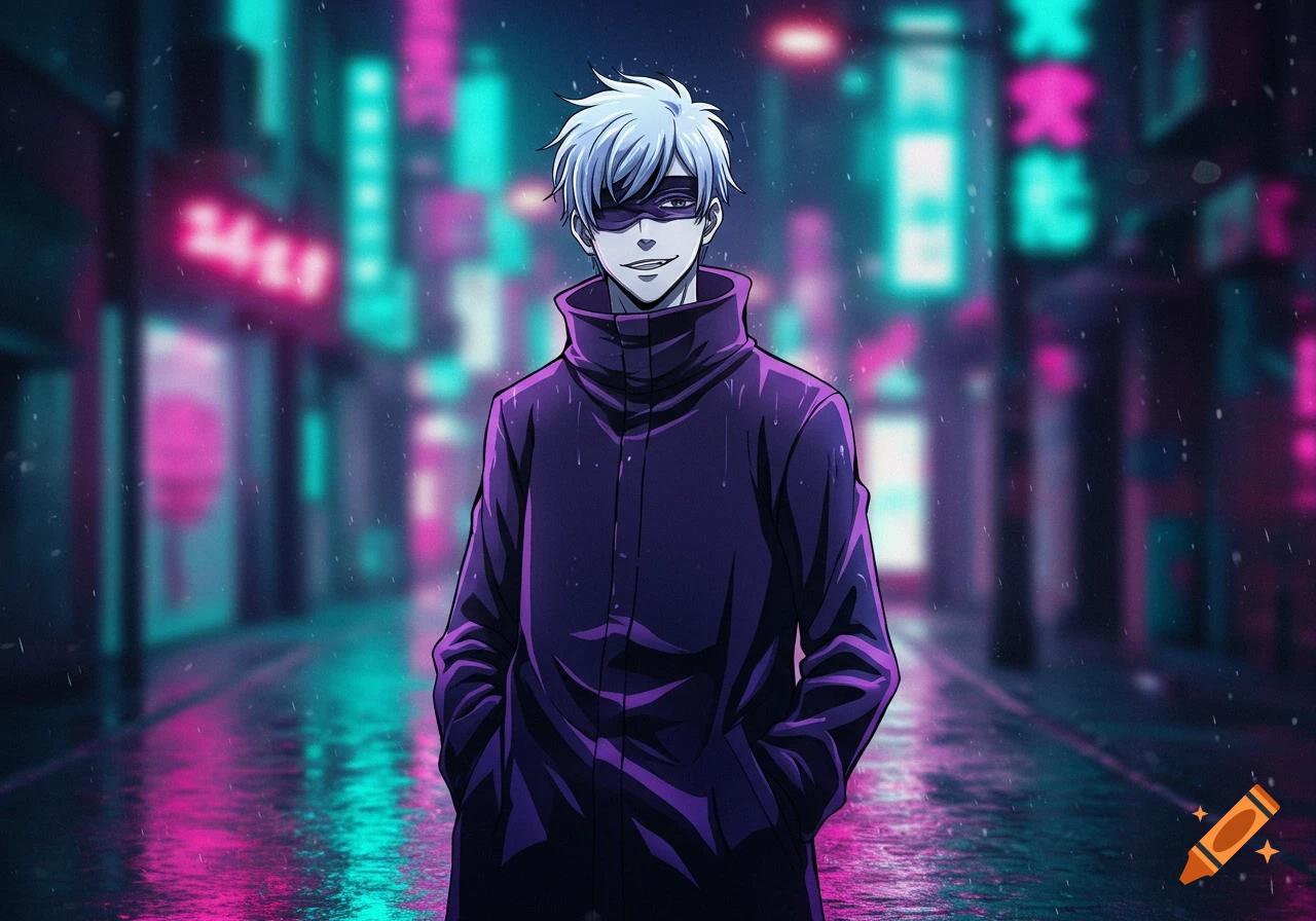 Anime character Gojo Satoru with a blindfold stands in a neon-lit rainy city street at night.