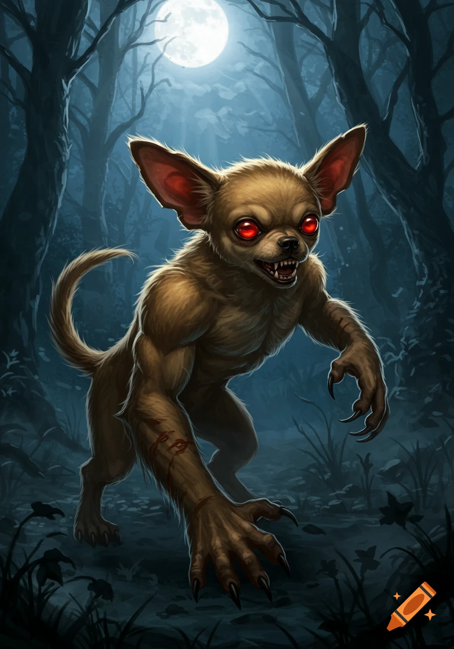 A terrifying, muscular chihuahua-like creature (werechihuahua) with glowing red eyes and claws stands in a dark, moonlit forest.