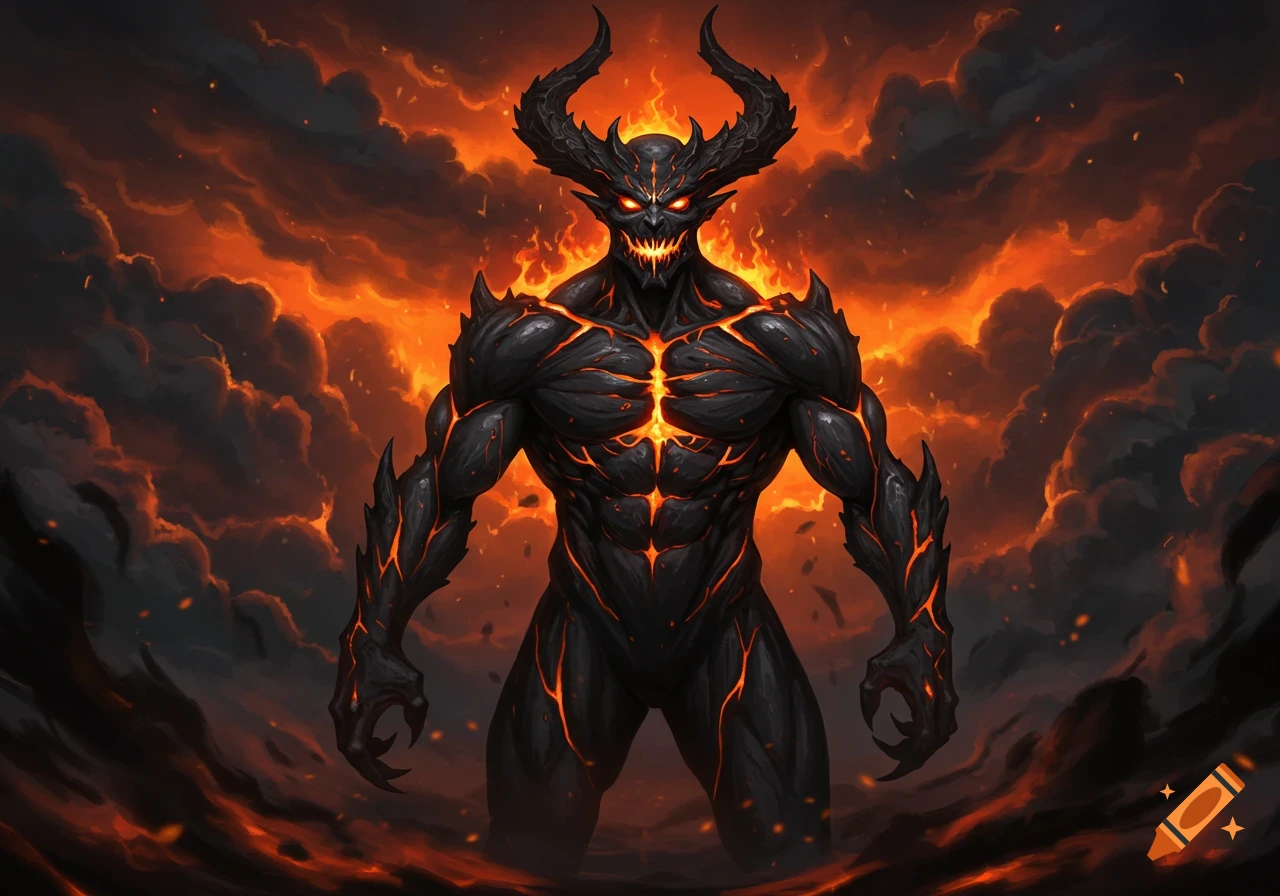 A powerful black demon with glowing orange cracks on its skin and large horns stands amidst fiery, smoky clouds.