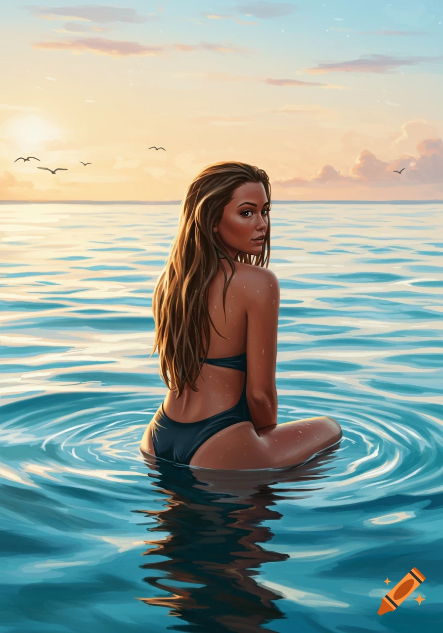 Digital painting of a woman in a dark swimsuit sitting in the ocean at sunset, looking back over her shoulder.