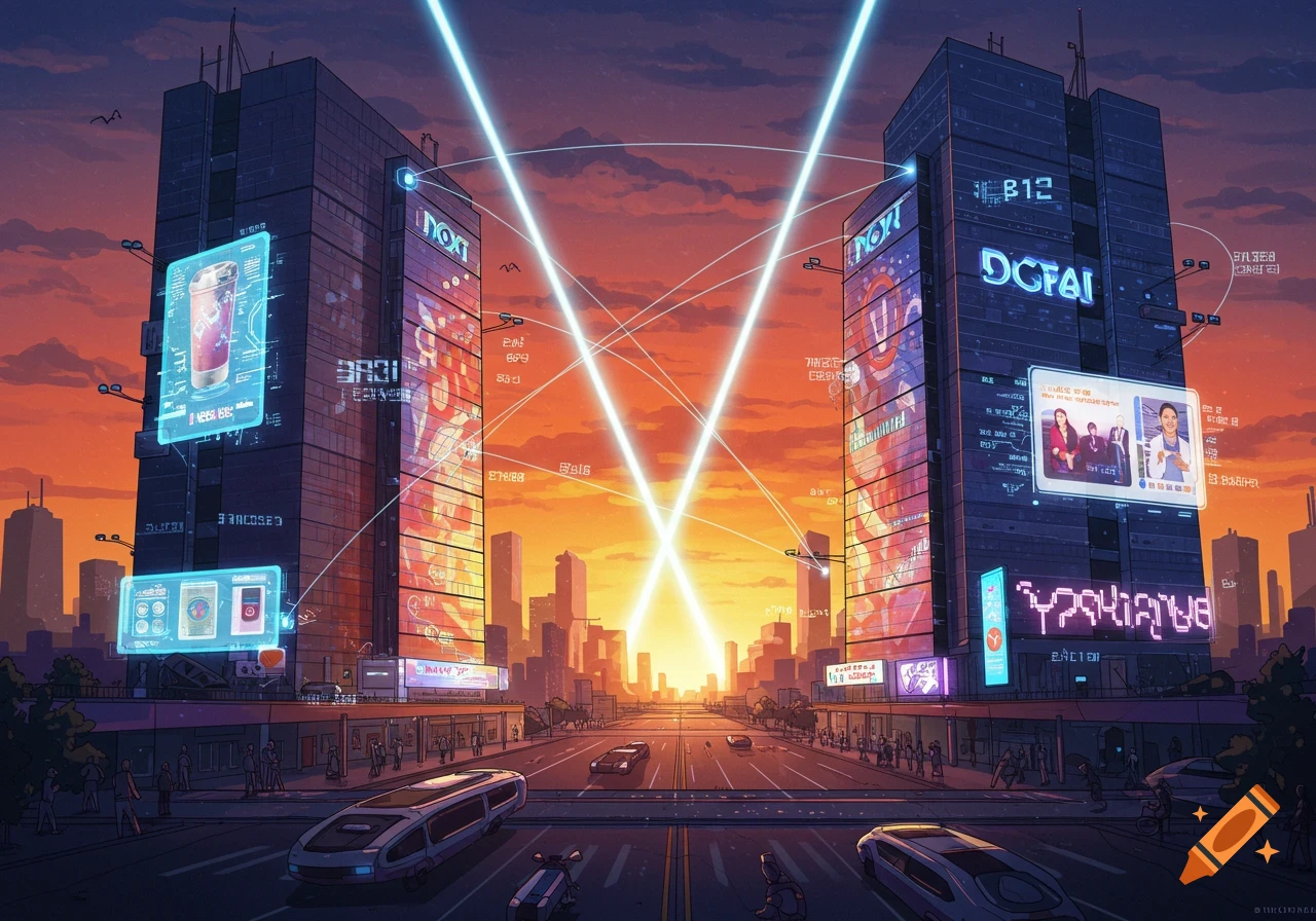 A vibrant, futuristic cityscape at sunset, with towering skyscrapers displaying holographic ads and bright data streams connecting them. Sleek vehicles drive on a wide road, and people walk on sidewalks.