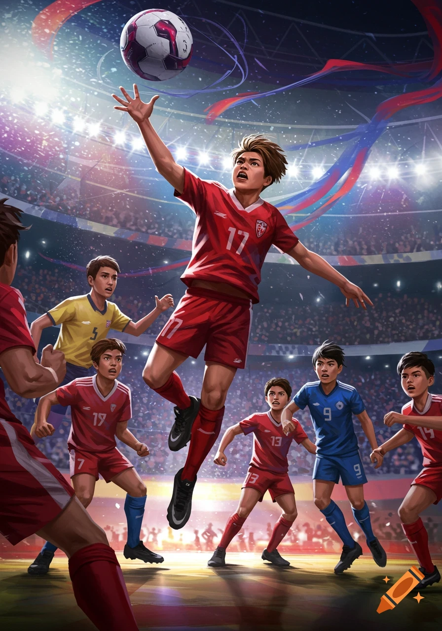 Young soccer players in a brightly lit stadium, with one player jumping to head a soccer ball.