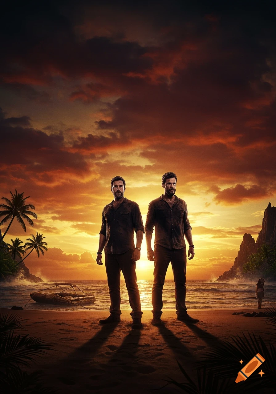 Two men stand on a tropical island beach against a dramatic sunset, with palm trees and a small boat.