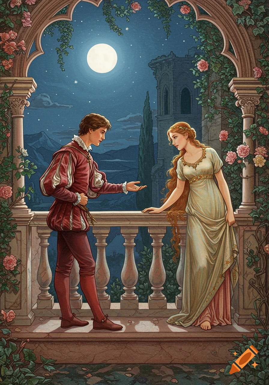 A man and woman in historical clothing meet on a rose-covered balcony at night under a full moon, in an illustrative style.